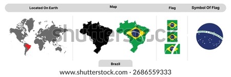 Brazil map and Brazil flag vector illustration on transparent background. Detailed Brazil flag with national emblem, map silhouette, and highlighted country location on world map.