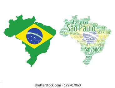 Brazil  map with flag word cloud concept on white background - vector illustration