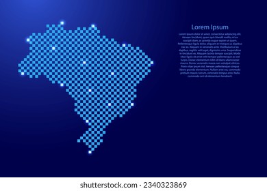 Brazil map from futuristic blue checkered square grid pattern and glowing stars for banner, poster, greeting card