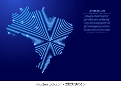 Brasil, mapa de futuristas círculos de azul concéntrico y brillantes estrellas para carteles, afiches, tarjetas de saludo