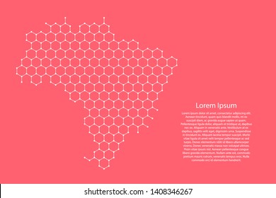 Brazil map from futuristic hexagonal shapes, lines, points white and glowing stars in nodes, form of honeycomb or molecular structure on pink rose color coral background. Vector illustration.