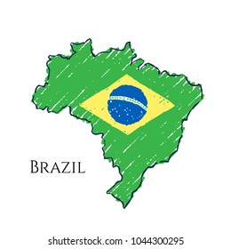Brazil map hand drawn sketch. Vector concept illustration flag, children's drawing.