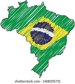 Brazil map hand drawn sketch. Vector concept illustration flag, childrens drawing, scribble map. Country map for infographic, brochures and presentations isolated on white background. Vector