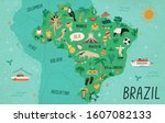 Brazil map hand drawn vector illustration. South America country cultural symbols, tourist attractions. Fauna and flora, national landmarks and travel destinations. Brazil creative educational poster