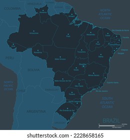 Brazil map. High detailed map of Brazil with countries, borders, cities, water objects. Vector illustration eps10.