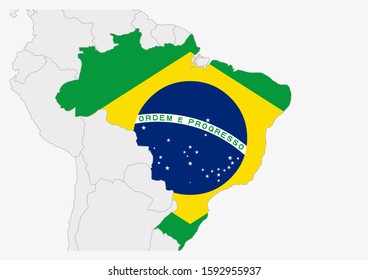 Brazil map highlighted in Brazil flag colors, gray map with neighboring countries.
