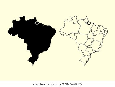 brazil map icon with black silhouette and thin outline on light background