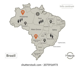 Brazil map, individual regions with names, Infographics and icons vector