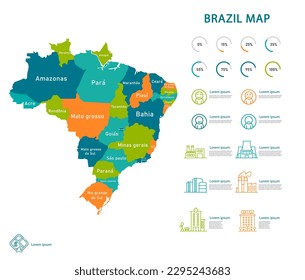 Brazil map and infographic of provinces, political maps of brazil south america - Vector File