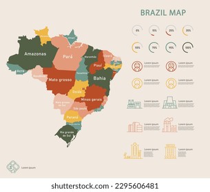 Brazil map and infographic of provinces, political maps of brazil south america, earth tone color - Vector File