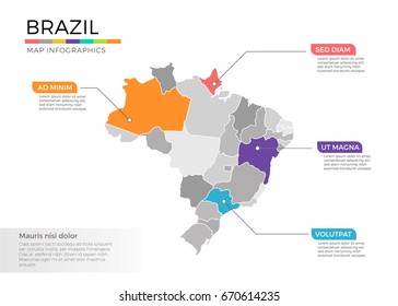 Brazil map infographic vector template with regions and pointer marks