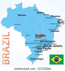 Brazil - map with largest cities, carefully scaled text by city population, geographically correct.