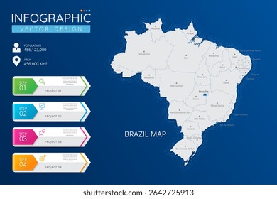 Brazil map with location pointer marks. High detailed country map with division, cities and capital infographic template. Vector illustration EPS10