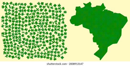 Brazil map made out of different shades green - national color - jigsaw puzzle pieces, 308 scattered blocks and finished version
