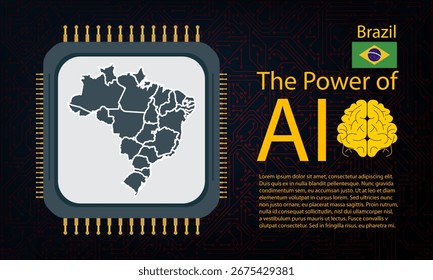 mapa de brasil con guerra de microchip y concepto de IA en placa de circuito, poder de IA con mapa de país. Conectividad global con big data. Diseño para fondos de interfaz de usuario o proyectos FinTech.