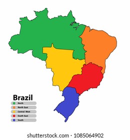 Brazil map of multi-color with countries and capital cities on white background. Vector illustration