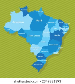 Brazil map with names of the regions blue political map green background vector illustration