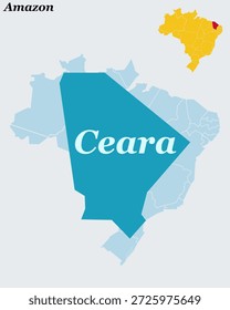 Mapa de Ceará Brasil - Estado del Noreste, Fortaleza Capital y Vector de la Costa Atlántica