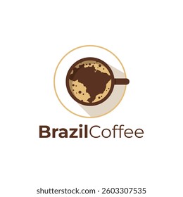 Brazil map on cup logo design template. Brazilian coffee logo design vector. Brazil map vector with leaf and coffee bean logo icon symbol.