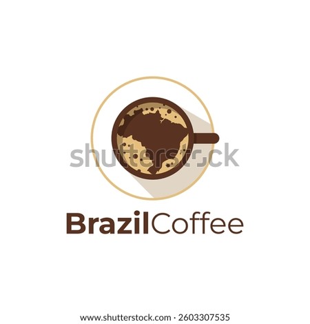 Brazil map on cup logo design template. Brazilian coffee logo design vector. Brazil map vector with leaf and coffee bean logo icon symbol.