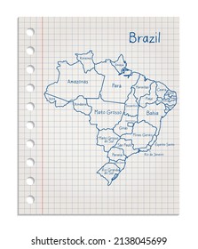 Brazil map on a realistic squared sheet of paper torn from a block vector