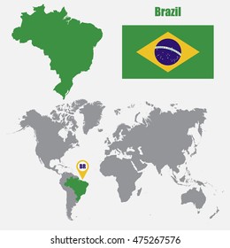 Brazil map on a world map with flag and map pointer. Vector illustration
