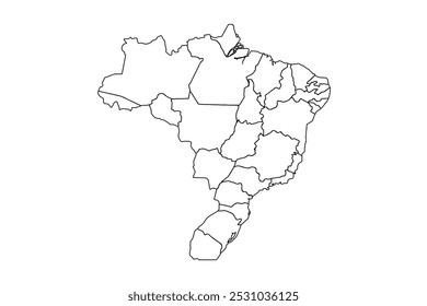 Brazil map outline, linear doodle illustration. isolated on white background for website layouts,background,education, precise,customizable,Travel worldwide,map silhouette backdrop,earth geography.