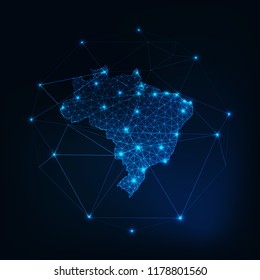 Brazil map outline with stars and lines abstract framework. Communication, connection concept.Modern futuristic low polygonal, wireframe, lines dots design. Vector illustration.