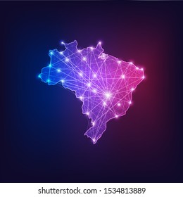 Brazil map outline with stars and lines abstract framework. Communication, connection concept.Modern futuristic low polygonal, wireframe, lines dots design. Vector illustration.