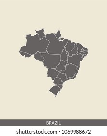 Brazil map outline vector illustration in gray background. Borders of all states or provinces or counties are included on this map.