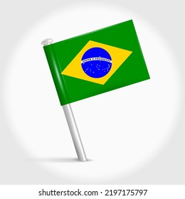 Brazil map pin flag icon. Brazilian pennant map marker on a metal needle. 3D realistic vector illustration.