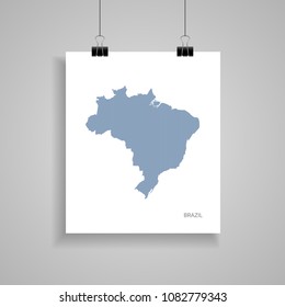 Brazil map poster.  Blue vector map on piece of paper with paper clip, on a gray background. 
