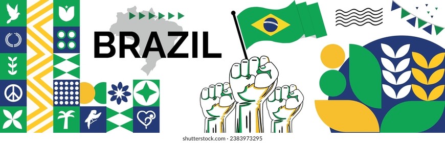 Brazil Map and raised fists. National day or Independence day design for Brazil celebration. Modern retro design with abstract icons. Vector illustration.