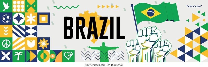 Brazil Map and raised fists. National day or Independence day design for Brazil celebration. Modern retro design with abstract icons. Vector illustration.