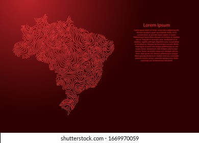 Brazil map from red isolines or level line geographic topographic map grid and glowing space stars. Vector illustration.