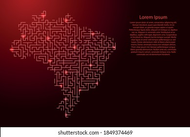 Brazil map from red pattern of the maze grid and glowing space stars grid. Vector illustration.