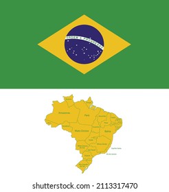 Brazil map with region states with Brazil flag vector