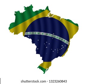 Brazil map with rippled flag on white illustration. Waving Fabric Flag Map of Brazil. Map of South America. Vector White Background. Vector illustration eps10.