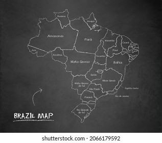 Brazil map, separates states with names, design card blackboard chalkboard vector