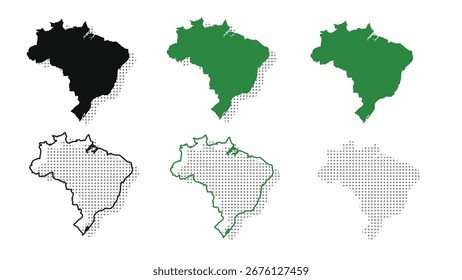 Conjunto de silueta de mapa de Brasil. Ilustración vectorial negra y verde con sombra de semitono.