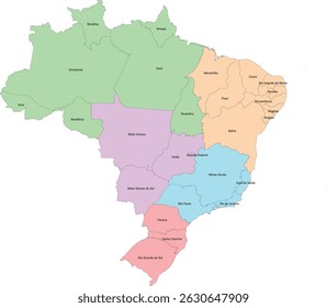 Mapa do Brasil com Estado agrupado por 5 regiões