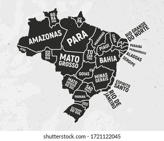 Brazil map with states. Poster map of Brazil with state names. Vintage Brazilian background. Vector illustration
