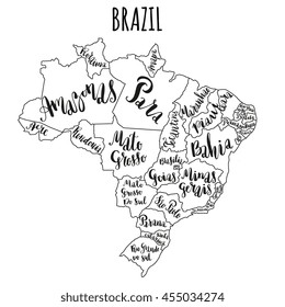 Brazil Map with states - vector illustration with hand drawn modern calligraphy regions names. Travel concept poster for home, office, magazine. Unique creative design.