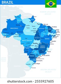 Brazil Map Vector Blue Spot - Customizable layered political map of Brazil with administrative divisions for website, education, reports, news, politics, print, poster and wallpaper