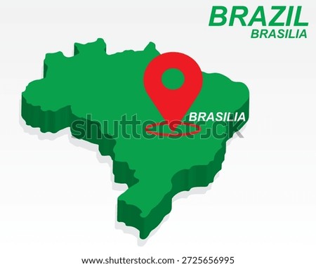 Brazil Map Vector, Brasilia Capital City Marker on Green 3D Country Shape, Brazil Infographic Design, Editable Destination Pointer Brazil Geography