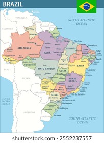 Brasil Map Vetor New 2024 Colorido - Personalizável em camadas mapa político do Brasil com divisões administrativas para site, educação, relatórios, notícias, política, impressão, cartaz e papel de parede