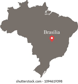 Brazil map vector outline with capital location and name, Brasilia, in gray background. Highly detailed accurate map of Brazil prepared by a map expert.