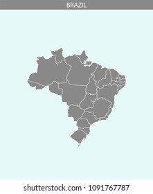 Brazil map vector outline gray and blue backgrounds. Highly detailed accurate Brazilian map illustration. Borders of all states or provinces or counties are included on this map.