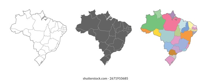 Conjunto de vetores do mapa Brasil. Ilustração vetorial de contorno, silhueta e regiões políticas.