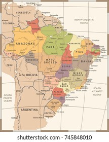 Brazil Map - Vintage Detailed Vector Illustration